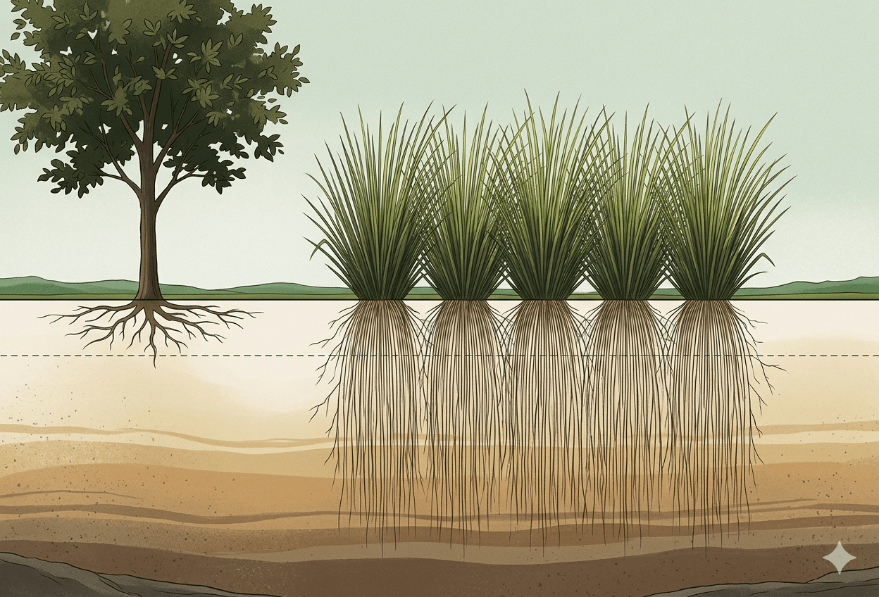 Cross-section illustration showing a tree with shallow roots beside a vetiver hedge whose roots descend several metres into the soil